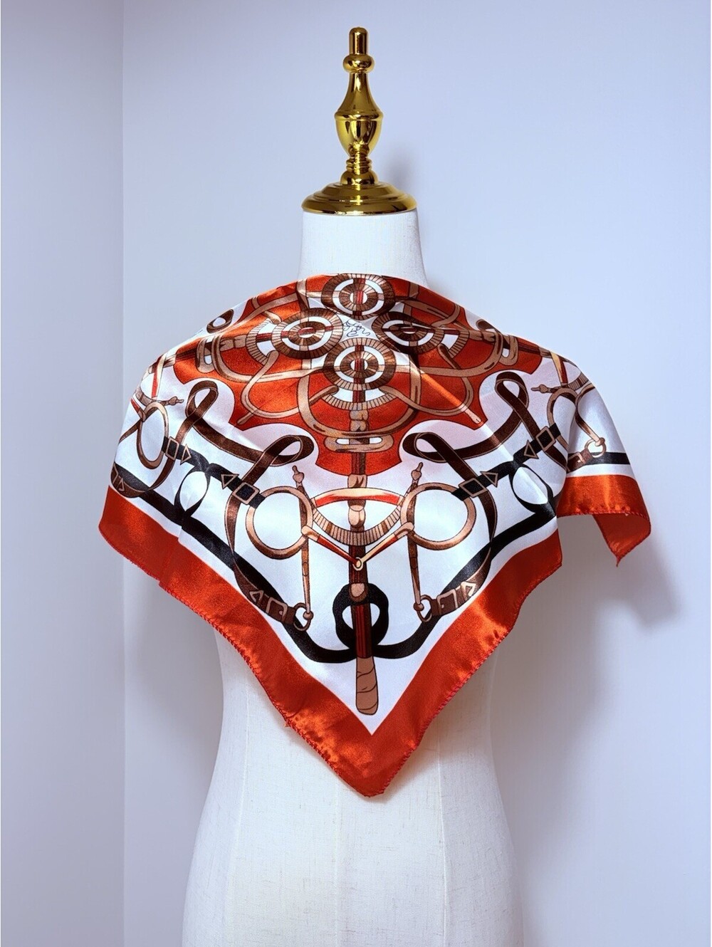 Women's Square Scarf Satin Equestrian Print Logo Orange White Brown